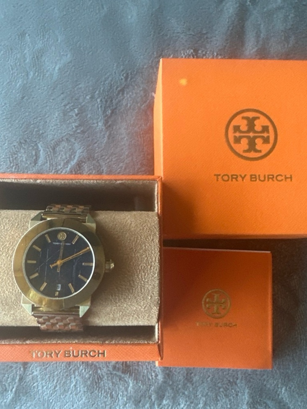 Tory Burch Men’s Blue Dial Watch with Gold Accents